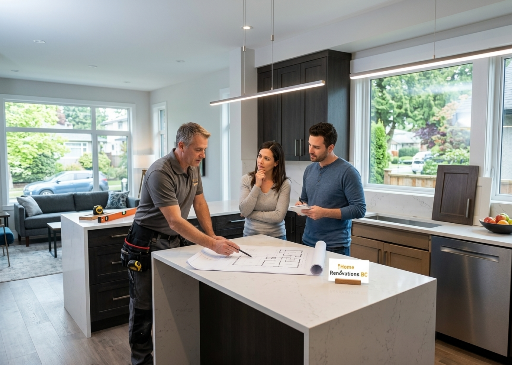 Modern kitchen renovation Vancouver with custom cabinets and quartz countertops.