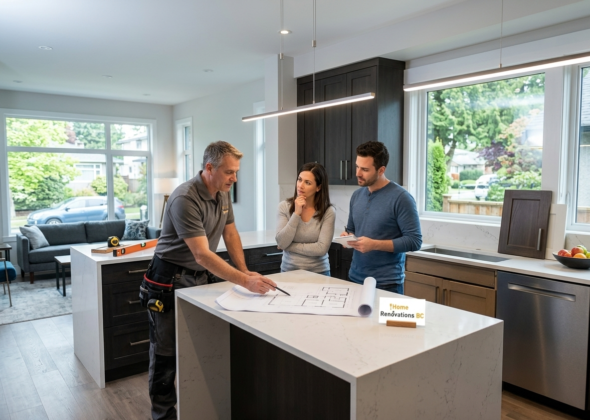 Modern kitchen renovation Vancouver with custom cabinets and quartz countertops.