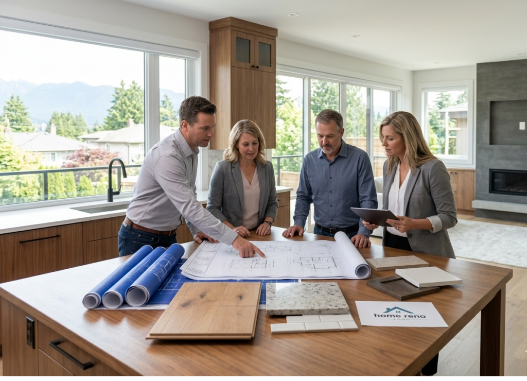 Homeowners meeting with renovation professionals to plan a home renovation Vancouver.