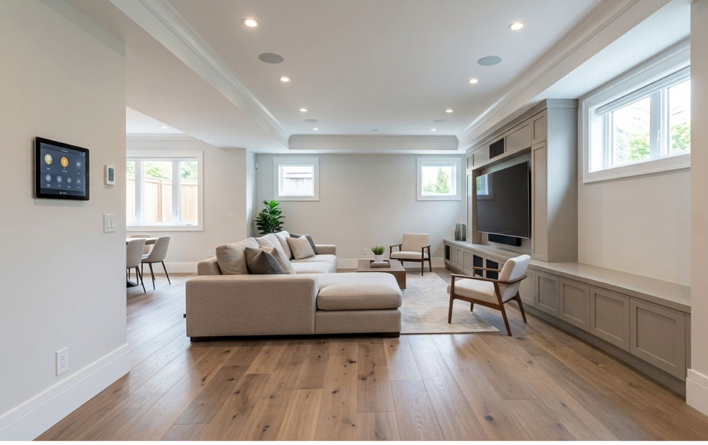 Smart home features integrated into a modern basement renovation in Vancouver by Home Renovations BC