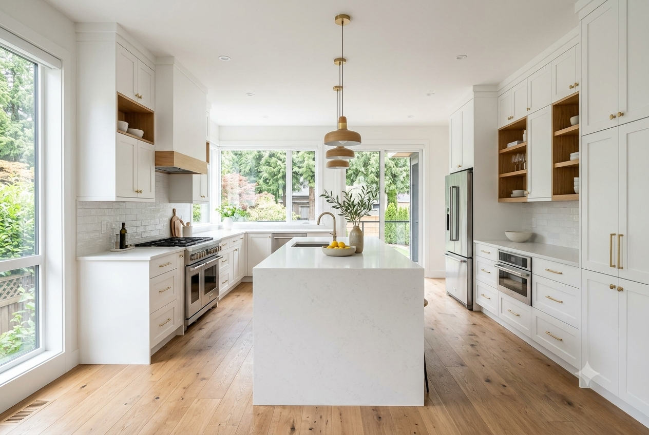 Kitchen renovation Vancouver with modern custom kitchen cabinets.